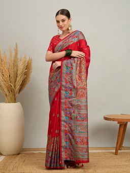 Akhilam - Women Silk Blend Red Digital Printed Saree with Unstitched Blouse
