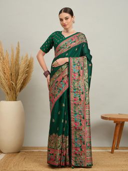Akhilam - Women Silk Blend Dark Green Digital Printed Saree with Unstitched Blouse