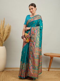 Akhilam - Women Silk Blend Light Blue Digital Printed Saree with Unstitched Blouse