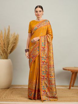Akhilam - Women Silk Blend Mustard Digital Printed Saree with Unstitched Blouse