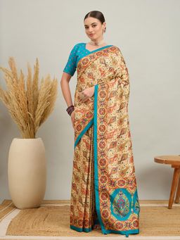 Akhilam - Women Silk Blend Light Blue Digital Printed Saree with Unstitched Blouse