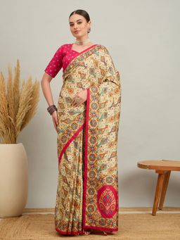 Akhilam - Women Silk Blend Pink Digital Printed Saree with Unstitched Blouse