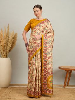 Akhilam - Women Silk Blend Mustard Digital Printed Saree with Unstitched Blouse