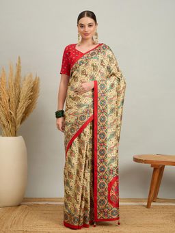 Akhilam - Women Silk Blend Red Digital Printed Saree with Unstitched Blouse