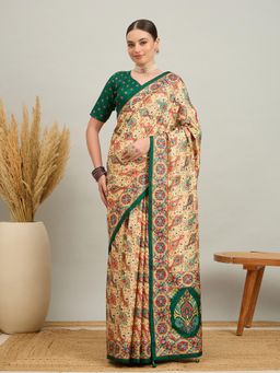 Akhilam - Women Silk Blend Dark Green Digital Printed Saree with Unstitched Blouse
