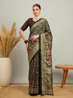 Akhilam - Women Silk Blend Black Digital Printed Saree with Unstitched Blouse