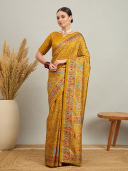 Akhilam - Women Silk Blend Mustard Digital Printed Saree with Unstitched Blouse
