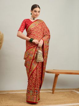 Akhilam - Women Silk Blend Red Digital Printed Saree with Unstitched Blouse