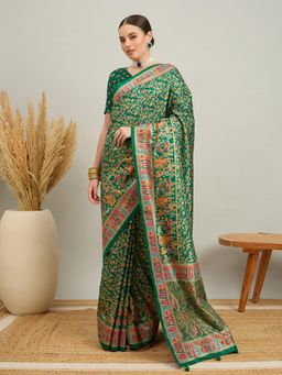 Akhilam - Women Silk Blend Dark Green Digital Printed Saree with Unstitched Blouse