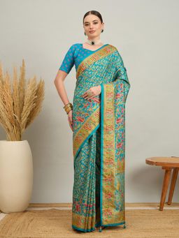 Akhilam - Women Silk Blend Light Blue Digital Printed Saree with Unstitched Blouse