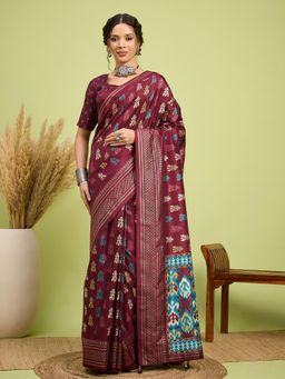 Akhilam - Women Silk Blend Wine Digital Printed Saree with Unstitched Blouse