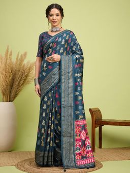 Akhilam - Women Silk Blend Navy Blue Digital Printed Saree with Unstitched Blouse
