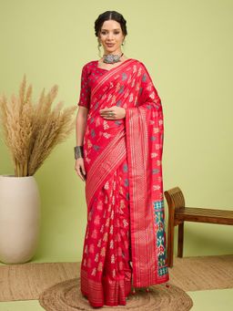 Akhilam - Women Silk Blend Pink Digital Printed Saree with Unstitched Blouse