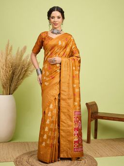 Akhilam - Women Silk Blend Mustard Digital Printed Saree with Unstitched Blouse