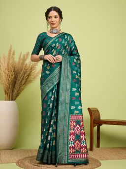 Akhilam - Women Silk Blend Teal Green Digital Printed Saree with Unstitched Blouse