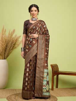 Akhilam - Women Silk Blend Brown Digital Printed Saree with Unstitched Blouse