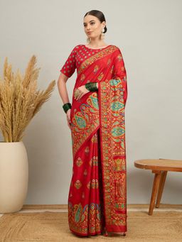 Akhilam - Women Silk Blend Red Digital Printed Saree with Unstitched Blouse