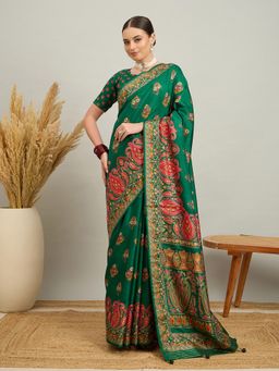Akhilam - Women Silk Blend Green Digital Printed Saree with Unstitched Blouse