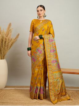 Akhilam - Women Silk Blend Mustard Digital Printed Saree with Unstitched Blouse