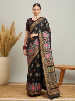 Akhilam - Women Silk Blend Black Digital Printed Saree with Unstitched Blouse
