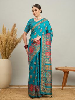 Akhilam - Women Silk Blend Light Blue Digital Printed Saree with Unstitched Blouse