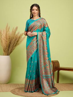 Akhilam - Women Silk Blend Light Blue Digital Printed Saree with Unstitched Blouse