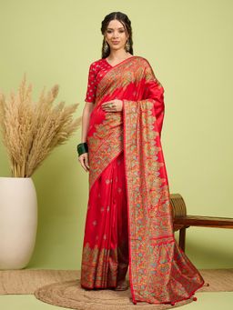 Akhilam - Women Silk Blend Red Digital Printed Saree with Unstitched Blouse