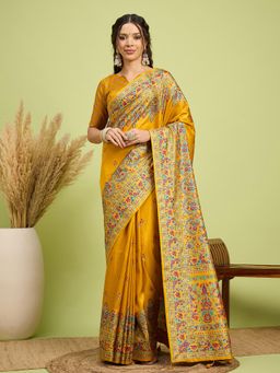 Akhilam - Women Silk Blend Mustard Digital Printed Saree with Unstitched Blouse