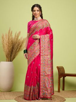 Akhilam - Women Silk Blend Pink Digital Printed Saree with Unstitched Blouse