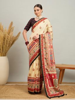 Akhilam - Women Silk Blend Black Cream Digital Printed Saree with Unstitched Blouse