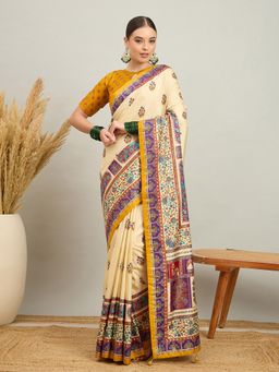 Akhilam - Women Silk Blend Mustard Cream Digital Printed Saree with Unstitched Blouse