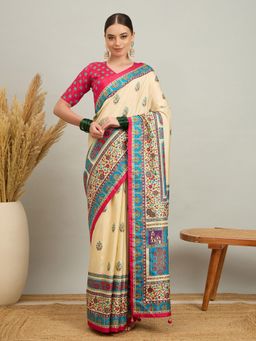 Akhilam - Women Silk Blend Pink Cream Digital Printed Saree with Unstitched Blouse
