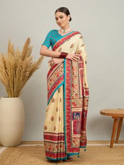 Akhilam - Women Silk Blend Blue Cream Digital Printed Saree with Unstitched Blouse