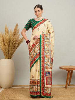 Akhilam - Women Silk Blend Green Cream Digital Printed Saree with Unstitched Blouse