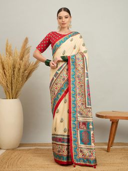Akhilam - Women Silk Blend Red Cream Digital Printed Saree with Unstitched Blouse