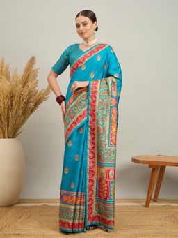 Akhilam - Women Silk Blend Light Blue Digital Printed Saree with Unstitched Blouse