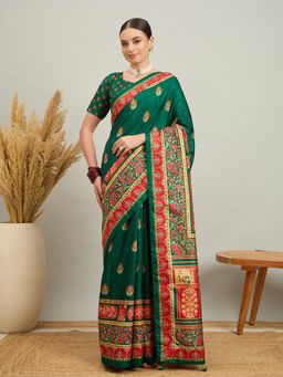 Akhilam - Women Silk Blend Dark Green Digital Printed Saree with Unstitched Blouse