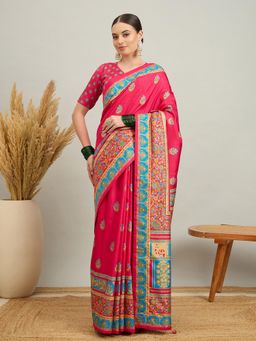 Akhilam - Women Silk Blend Pink Digital Printed Saree with Unstitched Blouse