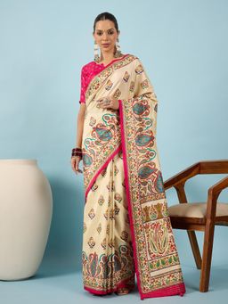Akhilam - Women Silk Blend Pink Cream Digital Printed Saree with Unstitched Blouse