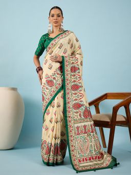 Akhilam - Women Silk Blend Green Cream Digital Printed Saree with Unstitched Blouse