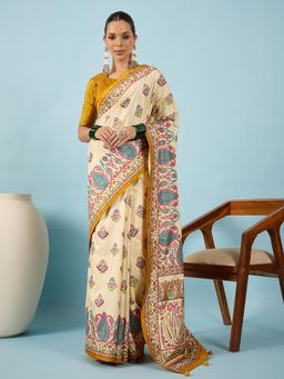 Akhilam - Women Silk Blend Mustard Cream Digital Printed Saree with Unstitched Blouse
