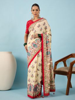 Akhilam - Women Silk Blend Red Cream Digital Printed Saree with Unstitched Blouse