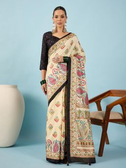 Akhilam - Women Silk Blend Black Cream Digital Printed Saree with Unstitched Blouse
