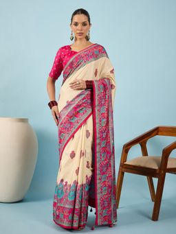 Akhilam - Women Silk Blend Pink Digital Printed Saree with Unstitched Blouse