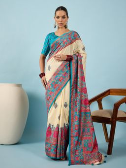 Akhilam - Women Silk Blend Blue Digital Printed Saree with Unstitched Blouse