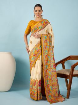 Akhilam - Women Silk Blend Mustard Digital Printed Saree with Unstitched Blouse