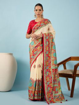 Akhilam - Women Silk Blend Red Digital Printed Saree with Unstitched Blouse