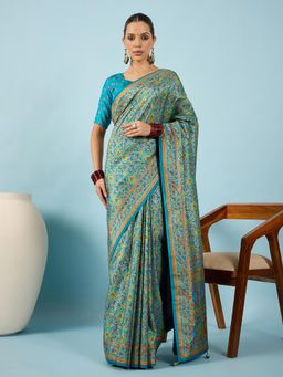Akhilam - Women Silk Blend Blue Digital Printed Saree with Unstitched Blouse