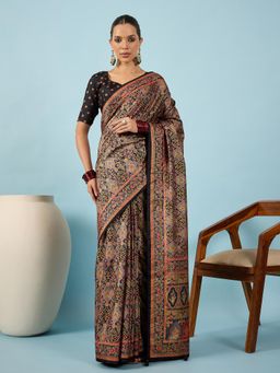 Akhilam - Women Silk Blend Black Digital Printed Saree with Unstitched Blouse