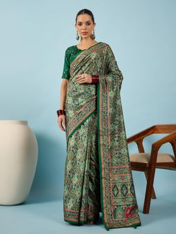 Akhilam - Women Silk Blend Dark Green Digital Printed Saree with Unstitched Blouse